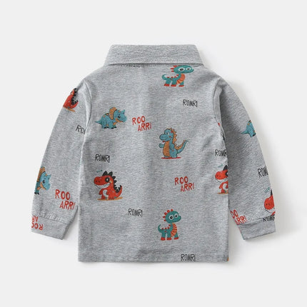 Spring Kids Boys Long Sleeve Polo Shirt 2-6Y Boys Cotton Dinosaur Print Turn-down Collar Undershirt Soft Breathable Toddler Tops