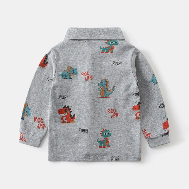 Spring Kids Boys Long Sleeve Polo Shirt 2-6Y Boys Cotton Dinosaur Print Turn-down Collar Undershirt Soft Breathable Toddler Tops