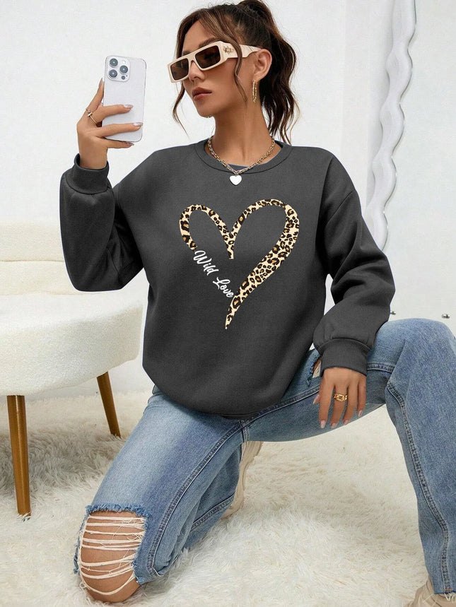 Leopard Wild Heart Pattern Print Female Sweatshirt Street Fur-Liner Pullovers Hipster Clothing All-Match Crewneck Tracksuit