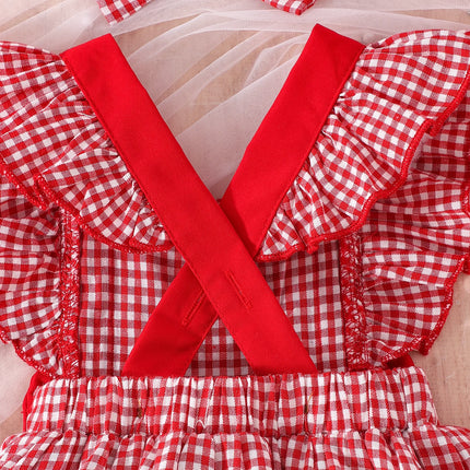 2PCS  Summer Cross-Border New Style For Girls And Babies 0-1 Years Old Sweet And Cute Red And White Plaid Dress Pants