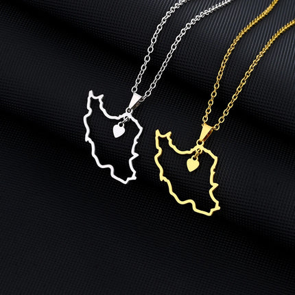 1Pcs New Stainless Steel Iran Map Hollow Heart Pendant Necklace Men's and Women's Versatile Sweater Chain Accessories Pendant