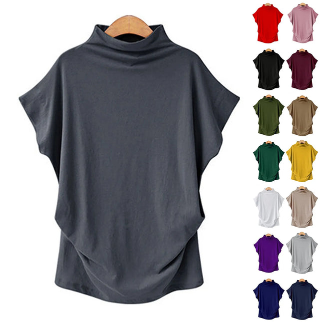 Ladies' New Trendy Fashion Solid Color Soft Turtleneck Top High-End Basic Daily Commute Thin Short Sleeve Pleated Clothing