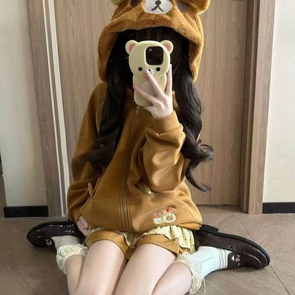 Original Japanese Style Soft Girl Hooded Rilakkuma Jacket for Women Cute Versatile Fleece Lined Thickened Sweatshirt