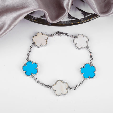 Hot Sale Premium 15mm Natural Stone White Shell Five Leaf Flower Bracelet Gold Silver Lucky bangle For Women Girls Party Daily