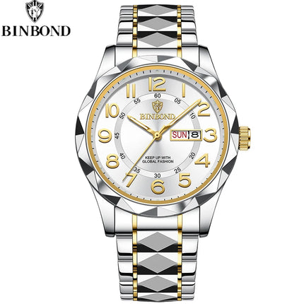 BINBOND Top Brand Luxury Men's Wristwatch Waterproof Luminous Date Week Men's Watches Stainless Steel Quartz Men's Watch Male reloj