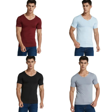 4Pcs Summer Ice Silk Men T-Shirt Vest Men's No Trace Sports Short Sleeve T-shirt Solid V-neck Tees Quick Dry Shirt Tops Fitness