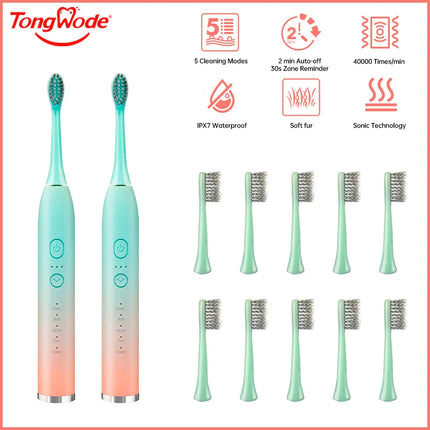 Tongwode Electric Sonic Toothbrush Rechargeable Waterproof Electronic USB Charge Whitening Tooth Brushes Replacement Heads Adult