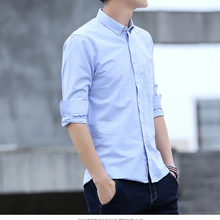 Classic fit cotton Full Casual shirts for men solid color long-sleeve plain shirt single pocket top soft slim fit formal clothes
