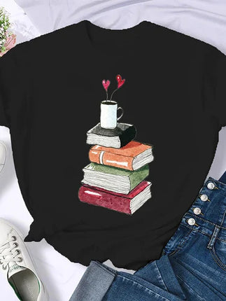 Coffee Books Brown books American retro T-shirt woman round neck half sleeve T-shirt printed T-shirt top woman oversized