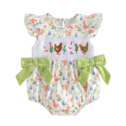 Infant Baby Girls Romper Fashionable Farm Chick Printed Flying Sleeve Smocked Ruffle Jumpsuit