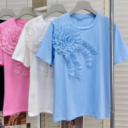 Flowers Stitch Short Sleeve Cotton T-shirt Youthful Woman Clothes T-shirts for Women Summer Tops Tees Women's Clothing Sales