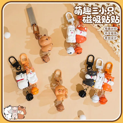 3Pcs Cartoon Rabbit Holding Fox Hug Puppy Keychain Magnetic Snap Animal Keys Chain Sets for Couple Friends Gift Keyring