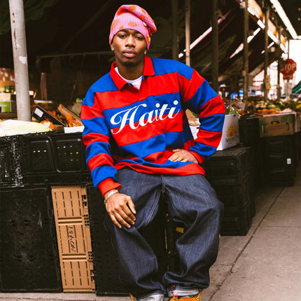 Y2K Haitian Long-Sleeved Shirts Fashionable Red and Blue Striped Knitted Lapel Jersey Oversized Retro Men Women Streetwear Tops