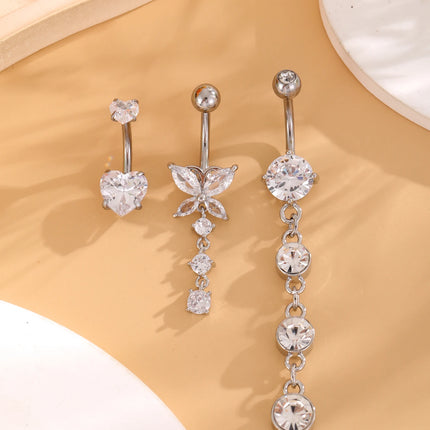3-5pcs Mixed-Style Sets Heart Flower Dangle Belly Button Rings Stainless Steel Butterfly Curved Zircon Belly Piercing Navel Ring