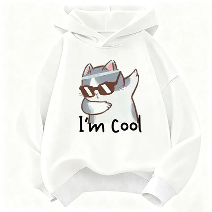 I Am Cool Cat Printed Pullover Hooded Kids Children's Sweatshirt Cute Hoody for Boys Girls Autumn Spring Casual Hoodies