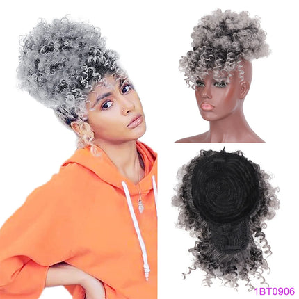 Afro Puff Drawstring Ponytail with Bangs Pineapple Updo Hair for Black Women, Short Kinky Curly Synthetic Ponytail Bun