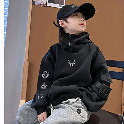 Stylish Boys' Fleece-lined Pullover Hoodie Mechanical Buckle Hooded Top Trendy Hip-hop Dance Performance Outfit for Medium Kids