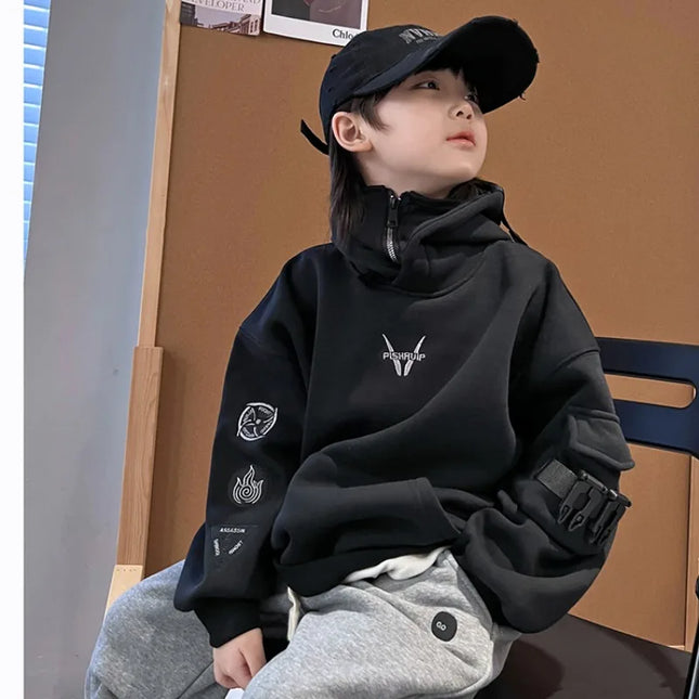 Stylish Boys' Fleece-lined Pullover Hoodie Mechanical Buckle Hooded Top Trendy Hip-hop Dance Performance Outfit for Medium Kids