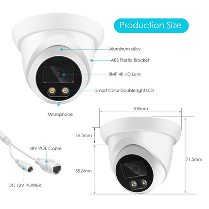 ASECAM 4K 8MP IP Camera Outdoor Audio POE H.265 Onvif Wide Angle 2.8mm AI Humanoid detection Home CCTV Surveillance Camera