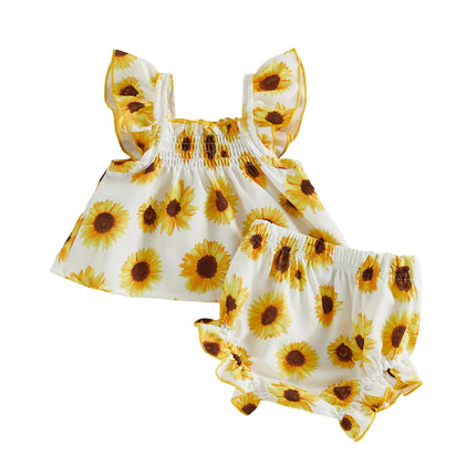 Baby Girl Summer 2Pcs Outfits Watermelon/Sunflower/Ocean Print Ruffled Trim A-Line Flying Sleeve Square Neck Tops and Shorts Set