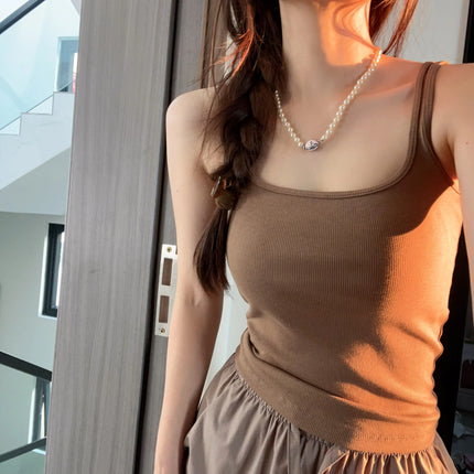 Women's Vest with Built-in Bra Pad Elastic Ribbed Square Collar Csole Tank Top ort Length  Color Versatile Summer F...