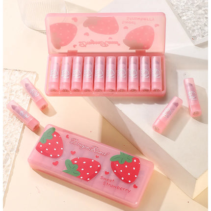 Dragon Ranee Matte Velvet Pink Strawberry Translucent 10 Pieces Lipstick Set Waterproof Sweatproof Non-Stick Lipstick Set