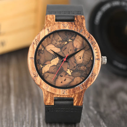 Unique Irregular Pattern Display Wood Watches Quartz Timepiece Men's Genuine Leather Casual Hot Fashion Male Wooden Clock reloj