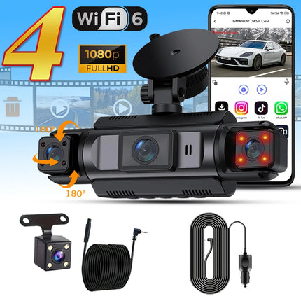 WIFI Car Dash Cam 4 Channel Black Box Driving Camera FHD 1080P Front Left Right Rear Night Vision Loop Recording Hardwire kit