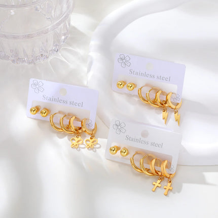Vnox 6pcs/set Stainless Steel Stud Hoop Earrings Simple Classic 18K Gold Plated Earrings For Women Holiday Jewelry Set Wholesale