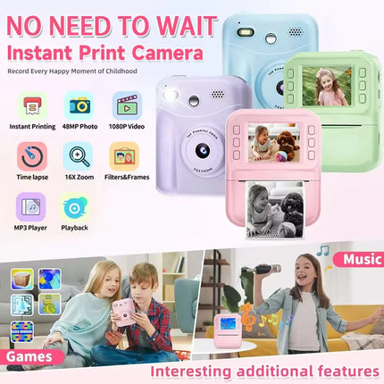 Print Camera Kids Instant Camera 1080P Thermal Print Digital Camera Supports SD Card Print Photo Video Games Music Children Gift