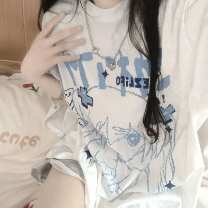 Women's Japanese Cartoon Anime Printed Cotton Short-sleeved T-shirt Harajuku Loose Half-sleeved Top Women's Summer Clothes