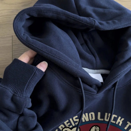 Design Sensation Small Print k Blue Hoodie Women's American Retro Loose Oversize Top Trendy Streetwear Polyester Fiber