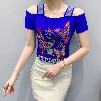 Summer Streetwear Fashion Women's T-shirt Luxury Design Butterfly Hot Diamonds Tee Sexy Off Shoulder Girls Tops European Clothes