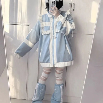 Japanese Y2K aesthetic Lolita style women's Harajuku style zip-up sweatshirt loose jacket autumn decadent casual ruffled patchwo