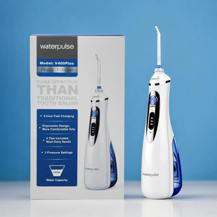 Waterpulse oral irrigator, dental floss irrigator, tooth cleaner 240ML, 3-speed adjustable, 2000mAh, 4 replacement nozzles