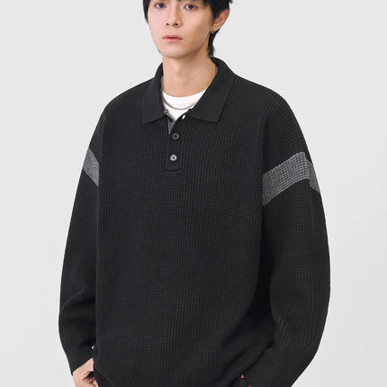 Autumn Winter Polo-Style Colour-Block Knit Sweater Men Effortlessly Stylish Relaxed Fit Loose Collar Top Warm Cosy