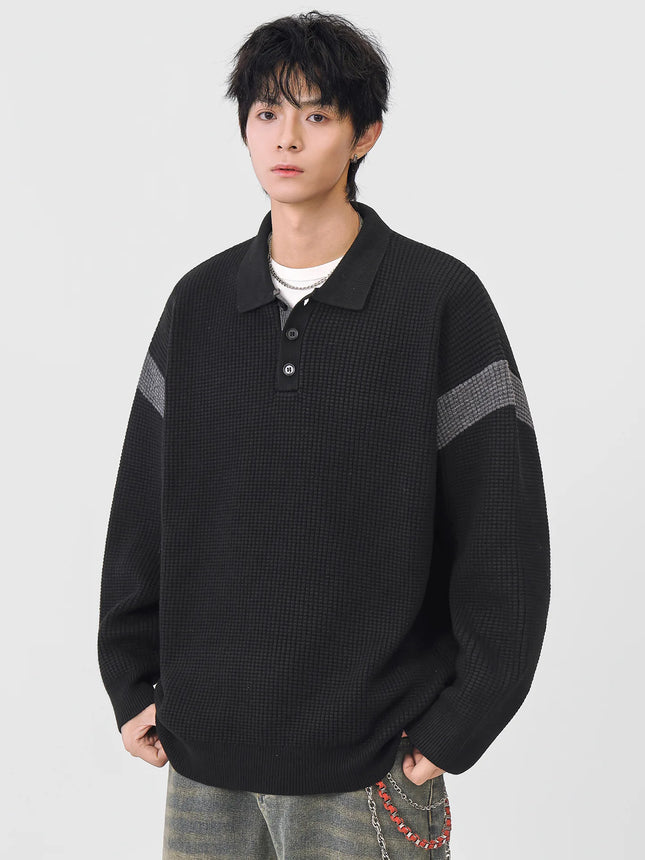 Autumn Winter Polo-Style Colour-Block Knit Sweater Men Effortlessly Stylish Relaxed Fit Loose Collar Top Warm Cosy