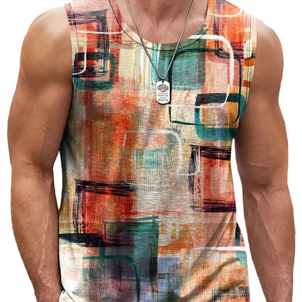 Mens Retro Geometric 3D Printed Tank Top Summer Casual Crew Neck Fashion Trend Sleeveless Vest Loose Breathable Sports Tops