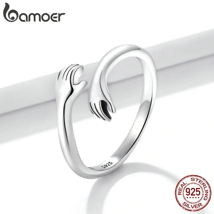 BAMOER 925 Sterling Silver Hug Open Ring Warm Love Hand Adjustable Glossy Ring for Women, His Big Loving Family Party Gift