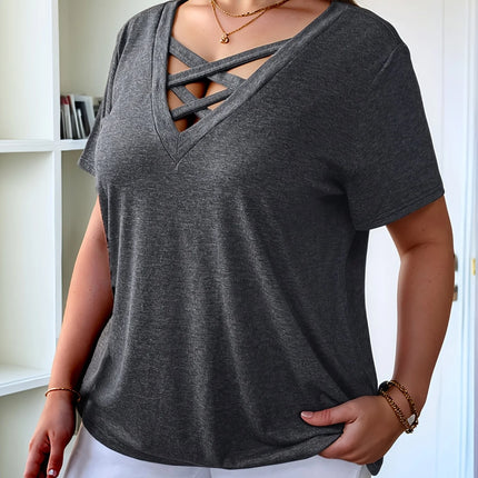 Summer Plus Size Women's Loose Elastic V-Neck Criss-Cross Short Sleeve Top for Plus Size Ladies Comfortable Breathable T-Shirt