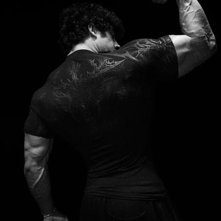 GYM T-shirt Men's Dark Gothic Print Muscle Tee  High Elasticity And Quick Drying Exercise For Bodybuilding Training 2025 Summer