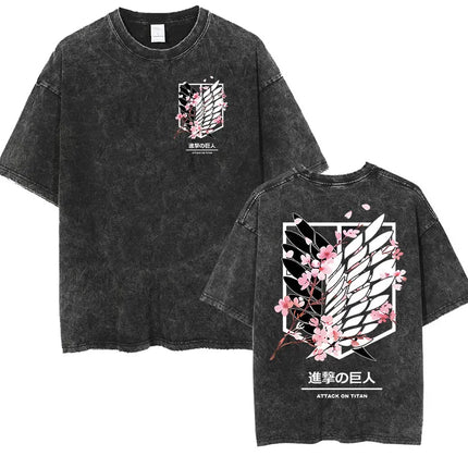 Anime Attack on Titan Vintage Washed Print T-shirt Mikasa Ackerman Eren Jaeger Wings of Freedom Logo Men's Summer Cotton T-shirts