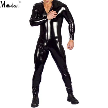 Oversized S-4XL Sexy Lingerie Men Catsuit Faux Leather Front Zipper Crotch Bodysuit Gay Fetish Costumes Erotic Lingerie Jumpsuit