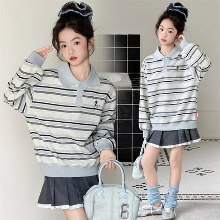 New Spring Children Long Sleeve Striped Cotton Polo Shirts for Teen Girls Casual Clothing School Kids Elegant Sweatshirt Coat