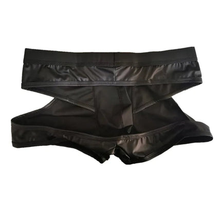 Mens Thongs Sexy Underwear Hollow Back Panties Black Faux Leather Jockstrap Lingerie U Convex Pouch Underpants Cueca Calzoncillo