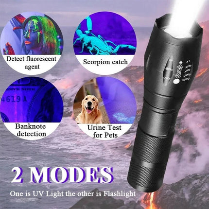 2 IN 1 UV Flashlight Purple White Dual Light 395nm Ultraviolet Torch Zoom Flashlight Detection Lighting Lamp for Pet Stains