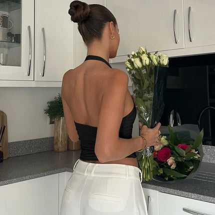 Hugcitar 2025 Summer Ribbed Halter Backless Solid Sexy Crop Tank Top Casual Y2K Women Clothes Beach Vacation Streetwear Yoga