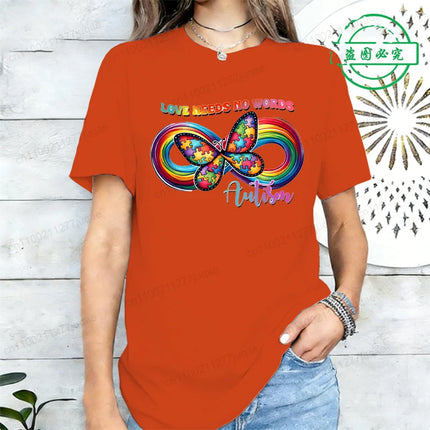 Love Needs No Words Autism Awareness T-Shirts, Infinity Butterfly Rainbow Graphic Tee, Support Neurodiversity, April Autism Gift