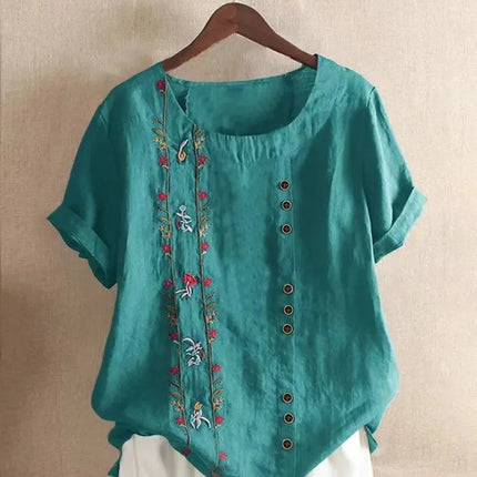 Retro Cotton Linen Short Sleeve Embroidered Flower Women's T-shirt Wish Brand Crew Neck plus Size Shirt from Mainland China