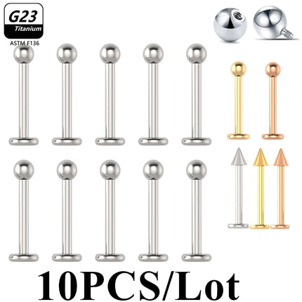 10pcs/Lot G23 Titanium Labret Lip Piercing Jewelry Not Allergic 16g 6/8/10/12mm Barbell Tongue Bar Tragus Snug Daith Earring